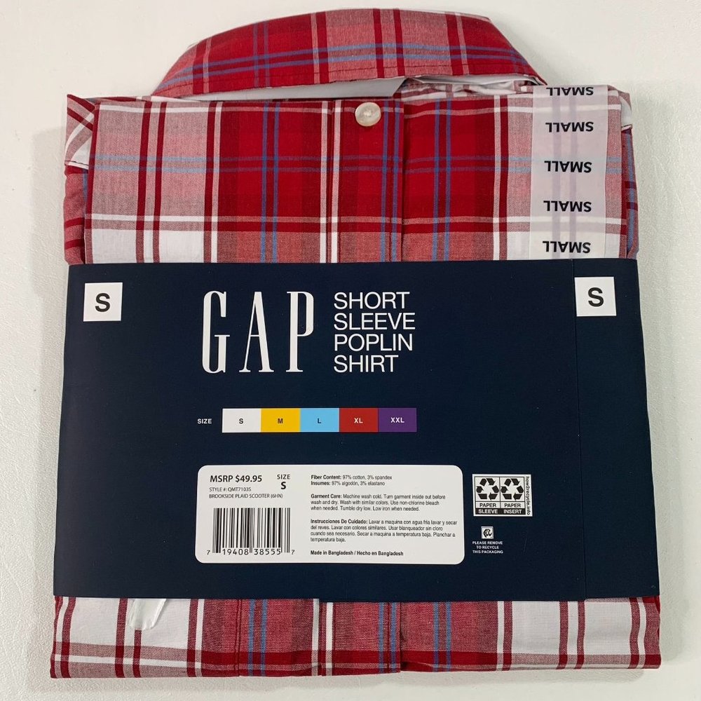Gap Men's Shirt S Short Sleeve Button Front Poplin Shirt Red Plaid S - Picture 6 of 7
